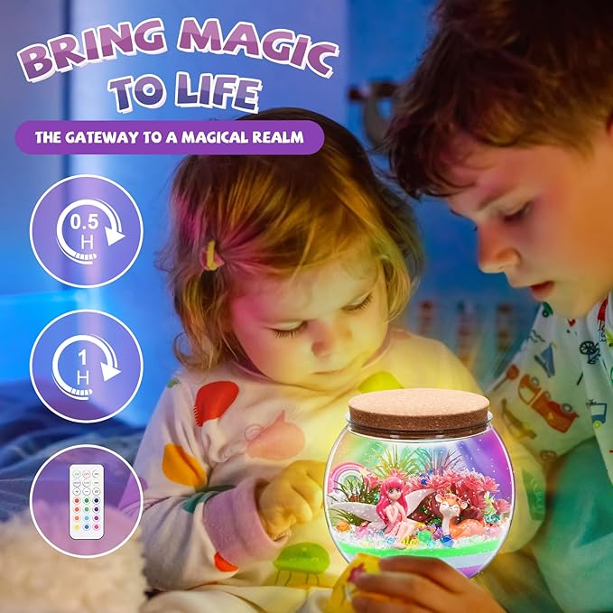 2 Theme in 1 Jar Light Up Unicorn Terrarium Kit & Night Light Fairy Terrarium Kit Creativity DIY Aarts Crafts for Girls Toys Ages 4 5 6 7 8 Year Old Girl Birthday Gifts