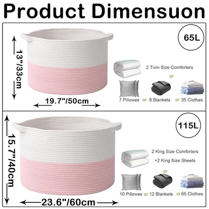 115L Extra Large Pink Woven Cotton Rope Basket with Handles, Kids Nursery Laundry Hamper for Toys, Blankets, Pillows & Comforters, Cute Storage Bin for Bedroom & Playroom