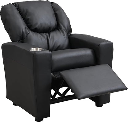 21.3" Kids Recliner Chair,Toddler Armchair Upholstered Couch with Cup Holder, Backrest,Children Upholstered Seating Sofa w/Headrest and Footrest,for Child's Bedroom,Black