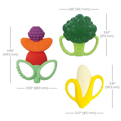 Infantino Farmers Market Teether Gift Set - Set of 3 BPA-Free Fruit & Veggie Textured Silicone Teethers for Soothing Sore Gums, Multicolor