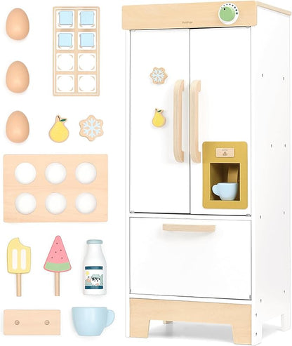 PairPear Kids Play Kitchen Toy Refrigerator, Wooden Toy Fridge Freezer Set for Kids, Toddler Kitchen Playset with Pretend Play Kitchen Acessories, Play Food Gift for Boys & Girls Age 3+