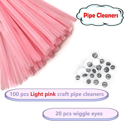 Cldamecy 100 pcs Light Pink Pipe Cleaners with 20 pcs Googly Eyes,Chenille Stems for Craft Project,Craft Pipe Cleaners for DIY Projects,Arts and Holiday Decoration
