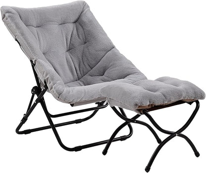 Comfy Saucer Chair with Ottoman, Oversized Folding Faux Fur Chair Soft Furry Lounge Lazy Chair with Metal Frame Moon Chair Accent Chair for Bedroom, Living Room, Dorm Rooms