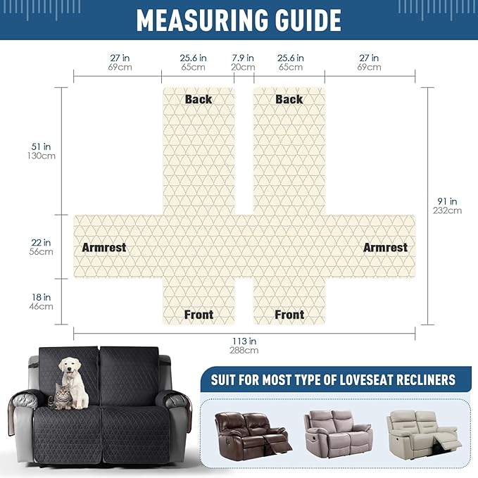 TAOCOCO 100% Waterproof Loveseat Recliner Cover-Recliner Cover with Non-Slip Granule, Recliner Chair Covers with Elastic Band,Washable Recliner Chair/Furniture Protector for Pets(Black, 2 Seater)