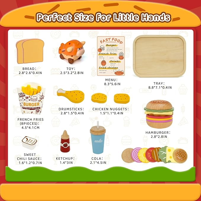 Wooden Play Food Set for Kids, Pretend Fast Food Playset, Wooden Hamburger French Fries Toy, Play Kitchen Accessories for Toddlers with Car Toy, Educational Toys Gift for Boys Girls