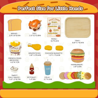 Wooden Play Food Set for Kids, Pretend Fast Food Playset, Wooden Hamburger French Fries Toy, Play Kitchen Accessories for Toddlers with Car Toy, Educational Toys Gift for Boys Girls