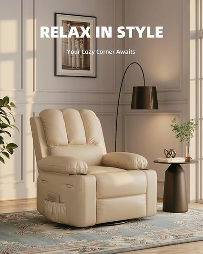 22'' Leather Recliner Chair for Adults, Overstuffed Manual Recliner Chair, Single Sofa with Cup Holder and Side Pockets, Upholstered Chair for Living Rooms, Creamy