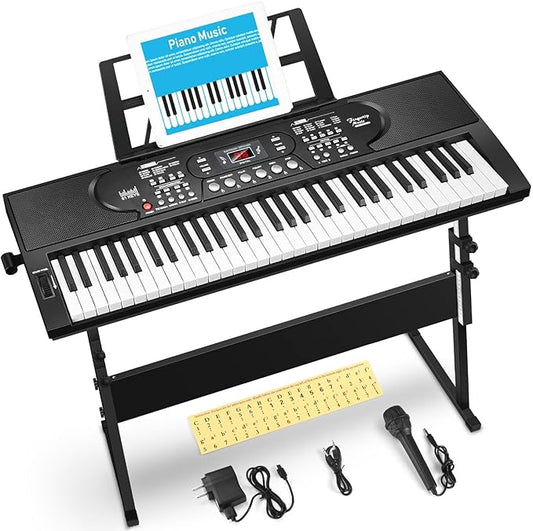 61 Key Keyboard Piano with Stand, Portable Electric Piano Keyboard Kit for Beginners with Stand, Microphone,Note Stickers, Music Rest, Digital Music Keyboard Built-In Speakers