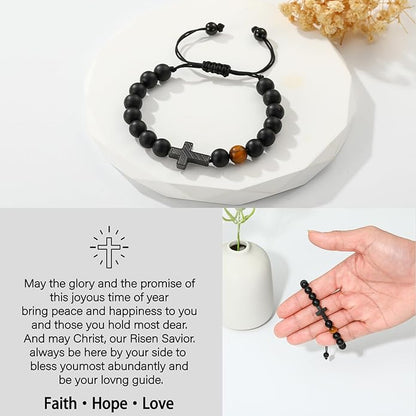 P. BLAKE First Communion Confirmation Baptism Gifts for Boys Teens, American Flag Cross Natural Beads Bracelet Christian Religious Jewelry Gifts for Teen Boys Kids