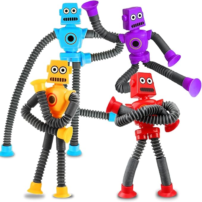 Robot Sensory Travel Toys 4Pcs for Toddlers Kid Boy Year Old Ages 3 4 5 6 7 8 9,Airplane Activities Suction Autism Pop Tube Fidget Toys Autistic Stocking Easter Basket Stuffer Valentine Gift for Kids