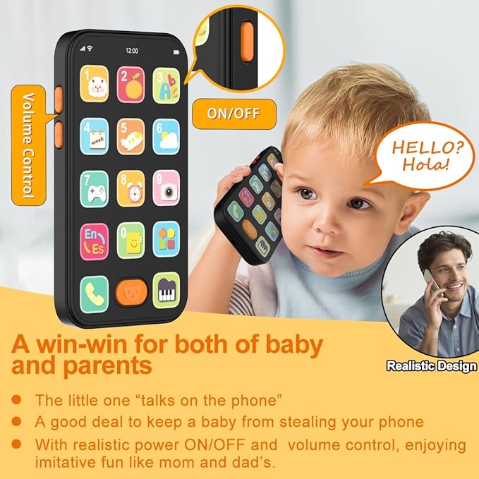 KALUYA Bilingual Baby Phone Toy Phone for Toddler 1-3, Fun Early Learning Musical Baby Toys for 6-12 Months with Sounds and Light, English/Spanish, Gift for 1 Year Old Boys Girls Kids Infant, Black