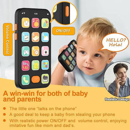 KALUYA Bilingual Baby Phone Toy Phone for Toddler 1-3, Fun Early Learning Musical Baby Toys for 6-12 Months with Sounds and Light, English/Spanish, Gift for 1 Year Old Boys Girls Kids Infant, Black