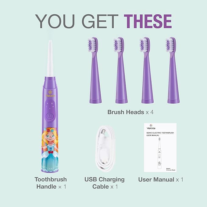 Vekkia Sonic Rechargeable Kids Electric Toothbrush, 3 Modes with Memory, Fun & Easy Cleaning, 24000 Strokes, IPX7 Waterproof, 2-Min Timer for Age 5+, 4 Soft Bristles(Purple)