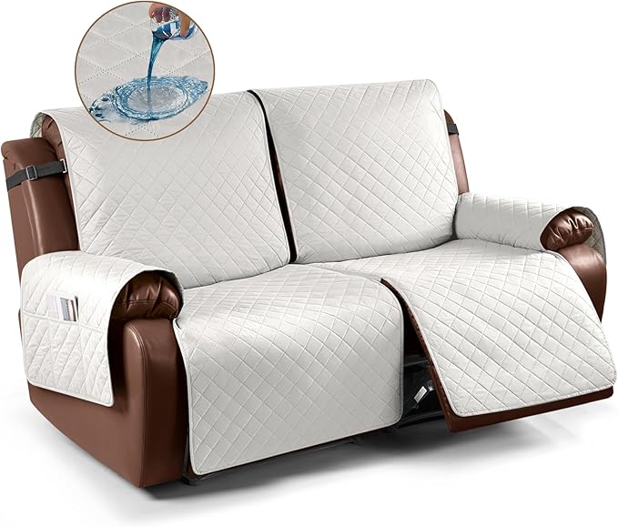 KinCam Waterproof Oversized Loveseat Recliner Cover, Non-Slip Reclining Couch Covers for 2 Seat, Recliner Sofa Cover Furniture Protector with Elastic Straps for Kids, Pets, Beige