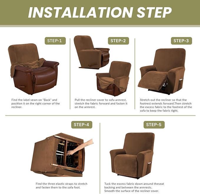 AZON Velvet Stretch Recliner Chair Cover,1-Piece Washable Recliner Couch Cover with Elastic Furniture Protector for Pets, Kids(Recliner, Camel)