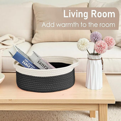 JMvicyroam Woven Basket, Small Rope Storage Bin with Handles & Ribbon Bag, Organizer for Shelves Closets,Gift Basket Empty for Birthday,Books,Dog Toys,White&Black/2 Pack