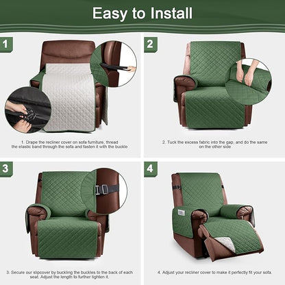 KinCam 100% Waterproof Recliner Chair Cover, Reclining Couch Covers for Pets, Dogs, Recliner Couch Slipcover Furniture Protector with Elastic Straps for Kids(28", Vine Green)