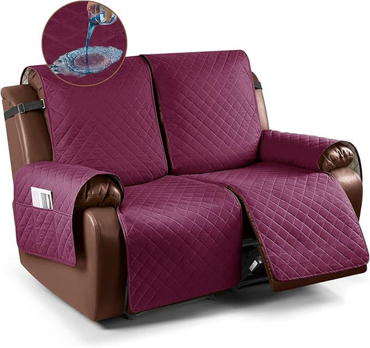 KinCam Waterproof Loveseat Recliner Cover, Non-Slip Reclining Couch Covers for 2 Seat, Recliner Sofa Cover Furniture Protector with Elastic Straps for Kids, Pets, Burgundy