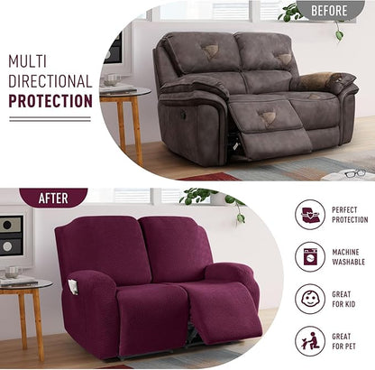 KinCam Recliner Covers, Stretch Reclining Chair Covers, Recliner Sofa Slipcovers Stripe Jacquard Recliner Couch Covers Furniture Protector Covers for Pet Kid (2 Seater, Wine)