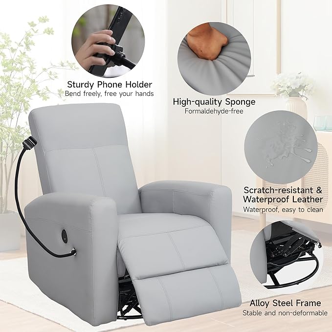 Power Swivel Glider Chair Nursery, Swivel Rocker Recliner with USB Ports, Rocking Chair with Microfiber Leather, Waterproof, Living Room, Nursery - Grey