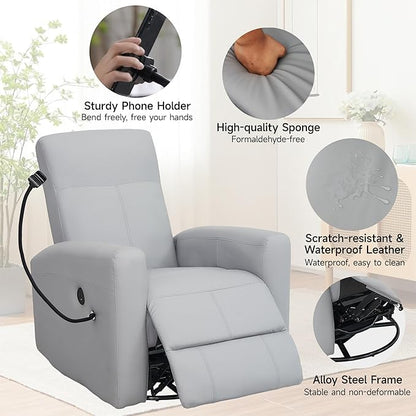 Power Swivel Glider Chair Nursery, Swivel Rocker Recliner with USB Ports, Rocking Chair with Microfiber Leather, Waterproof, Living Room, Nursery - Grey