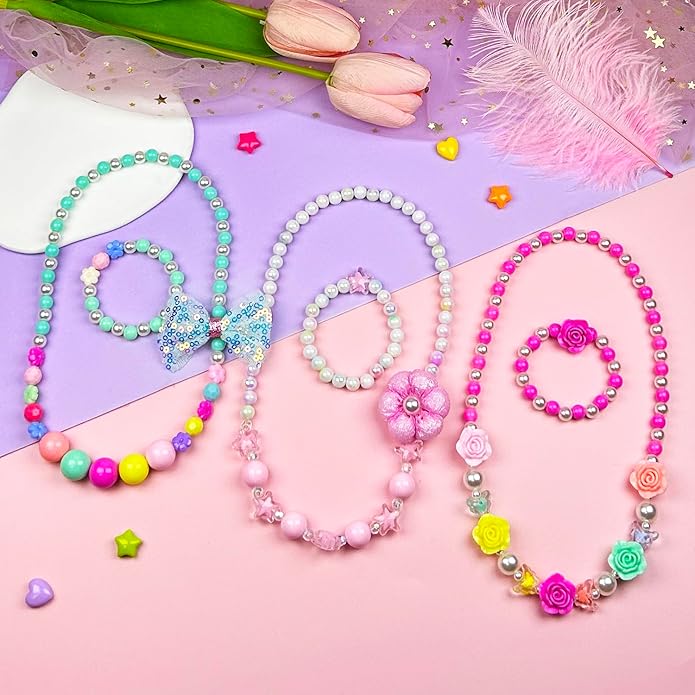 Necklaces and Bracelets for Girls, Little Girl Princess Pretend Play and Dress Up Jewelry Set, Party Favors Jewelry for Kids, Little Princess Jewelry Gift, 6 Sets