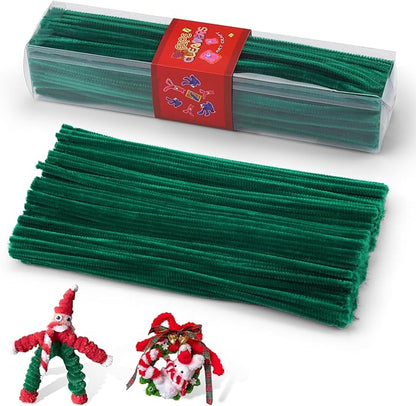 LOKUNN Pipe Cleaners, 200 Pcs Dark Green Pipe Cleaners Craft Set, Solid Color Chenille Stems, DIY Arts and Crafts with Adhesive Eyes and Storage Box, Christmas Halloween Decoration Art Supplies