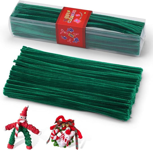 LOKUNN Pipe Cleaners, 200 Pcs Dark Green Pipe Cleaners Craft Set, Solid Color Chenille Stems, DIY Arts and Crafts with Adhesive Eyes and Storage Box, Christmas Halloween Decoration Art Supplies