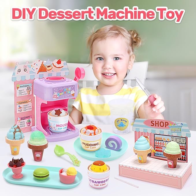 CUTE STONE Color Changing Ice Cream Play Set, Tea Party Set for Little Girls with Toy Ice Cream, Play Desserts, Play Food and Accessories，Kids Kitchen Pretend Play for Girls Boys