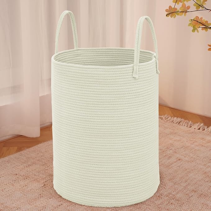 JMvicyroam Large Woven Laundry Basket Hamper,60L Cotton Rope Storage Bin for Blankets,Toys and Clothes,Decorative Tall Nursery Hamper for Living Room,Baby Nursery,Bathroom and Bedroom,White