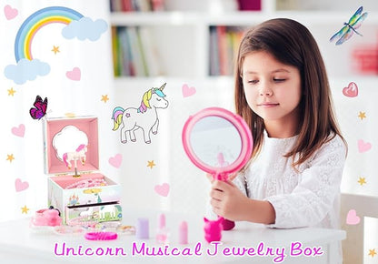 RR ROUND RICH DESIGN Music Jewelry Box with Drawer for Girls Foil Gold Unicorn Theme Spinning Playback the Tune for Beautiful Dream Song Pink-Green