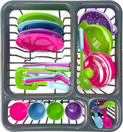 Kids Super Durable Kitchen Toys Set, Pretend Play Children's Dish Toy, Wash and Dry Tableware Dish Rack with Drainer (Great Gift for Kids) (27 Pieces)