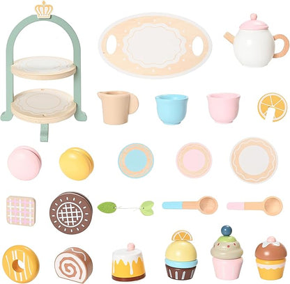 23pcs Wooden Tea Set for Little Girls, Toddler Tea Set Wooden Toys Play Kitchen Accessories with Cupcake Stand and Tray, Kids Tea Party Set Pretend Play Food Birthday Gift Playset