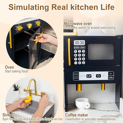 Corner Play Kitchen for Kids Kitchen Playset with Toy Storage System, Wooden Toy Kitchen Set with Plenty of Play Features, Toddler Kitchen Set for Boys and Girls Ages 3+ (Dark Blue)