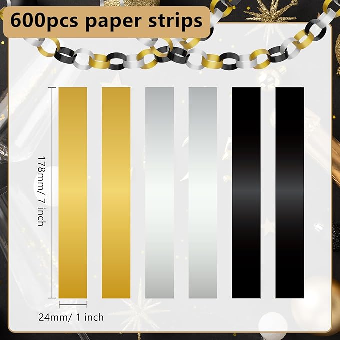 CHRORINE 600Pcs Colorful Paper Chains Strips for Birthday Party Decorations DIY Crafts Supplies (Gold Silver Black, 1 x 7.08 inches)