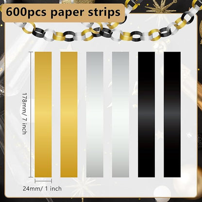 CHRORINE 600Pcs Colorful Paper Chains Strips for Birthday Party Decorations DIY Crafts Supplies (Gold Silver Black, 1 x 7.08 inches)