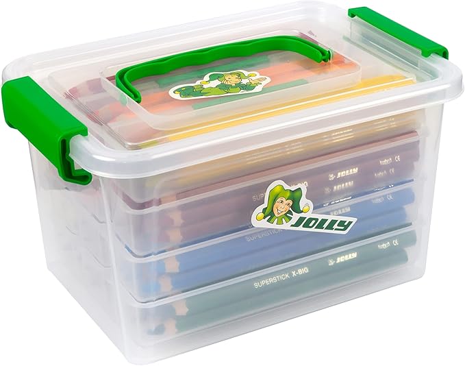 JOLLY X-Big Premium Jumbo Colored Pencils with Stackable Kindergarten Tote Box; 96 Pcs (8 each of 12 primary colors), Perfect for Group Projects, Classrooms, Special Needs, Art Therapy, Pre-School