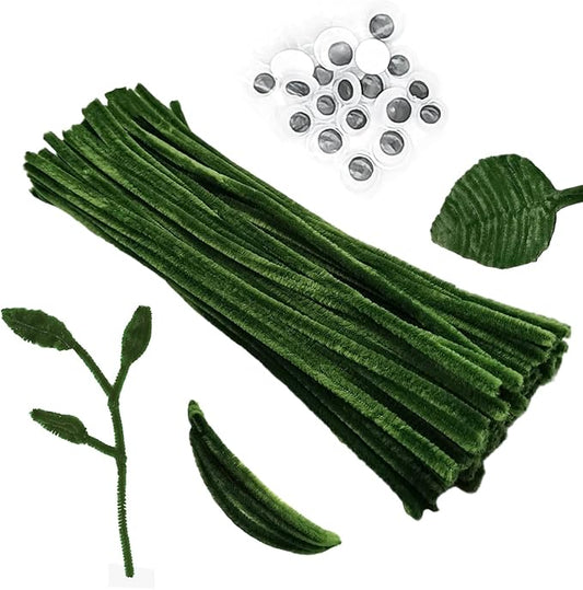 Cldamecy 100 pcs Moss Green Pipe Cleaners with 20 pcs Googly Eyes,Chenille Stems for Craft Project,Craft Pipe Cleaners for DIY Projects,Arts and Holiday Decoration