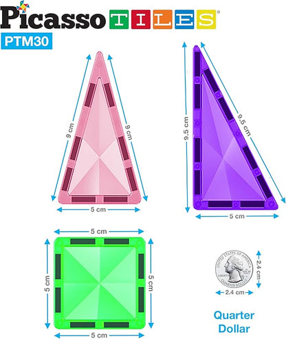 PicassoTiles Mini Size Magnetic Tiles Sensory Magnet Toys Diamond Series Construction Building Blocks Set STEM Learning Travel Size Educational Toy for Kids Boys Girls Toddlers Age 3+ PTM30