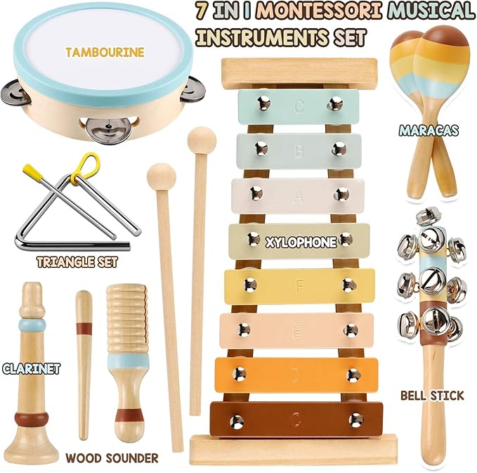 LOOIKOOS Toddler Musical Instruments Toys, Wooden Percussion Instruments Set for Kids Baby with Xylophone, Preschool Educational Musical Toys for Boys and Girls with Storage Bag(12pcs)
