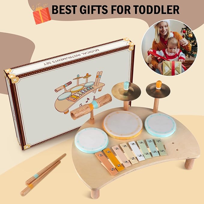 Toddlers Drum Set Toys for 1 Year Old Boy Girls,Baby Drum with Xylophone for Toddlers 1-3,Musical Instruments, Kids Wooden Montessori Toys, Christmas Birthday Gifts for Age 1 2 3+