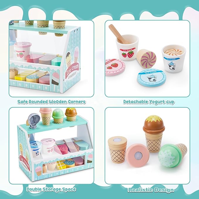 WHOHOLL Wooden Ice Cream Counter Playset for Toddler Girl Toys, Play Store Pretend Toy Food Play Kitchen Accessories with Fake Money & Coin, Christmas Birthday Gifts for 3+ Year Old Kids (Green)