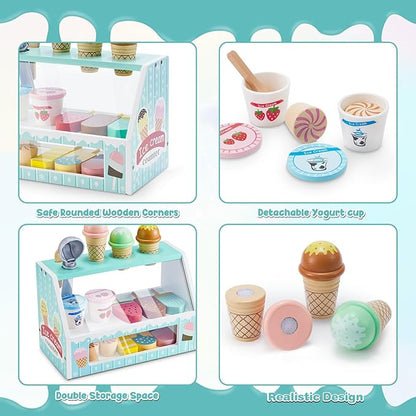 WHOHOLL Wooden Ice Cream Counter Playset for Toddler Girl Toys, Play Store Pretend Toy Food Play Kitchen Accessories with Fake Money & Coin, Christmas Birthday Gifts for 3+ Year Old Kids (Green)