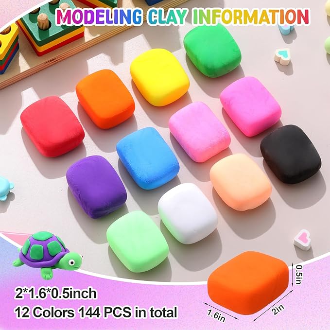 VioraWhite 144 Pcs Reusable and Non-Drying Modeling Clay Set of 12 Color 3.8 Ounce Each Soft Modeling Clay for Arts Crafts Projects DIY Family Birthday Gift Party Favor Rewards