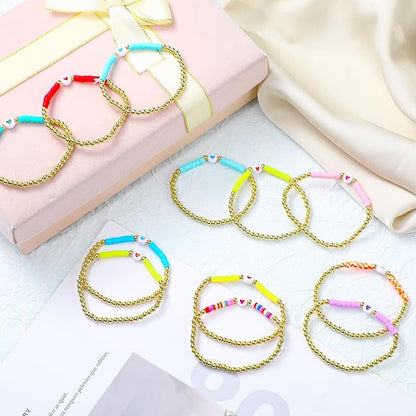 Sureio 24 Pcs Colorful Groovy Retro Friendship Bracelets Heart Hippie Surfer Friendship Bracelets Stretch Beaded Kids Bracelet for Tween Girls Women Groovy Party Favors