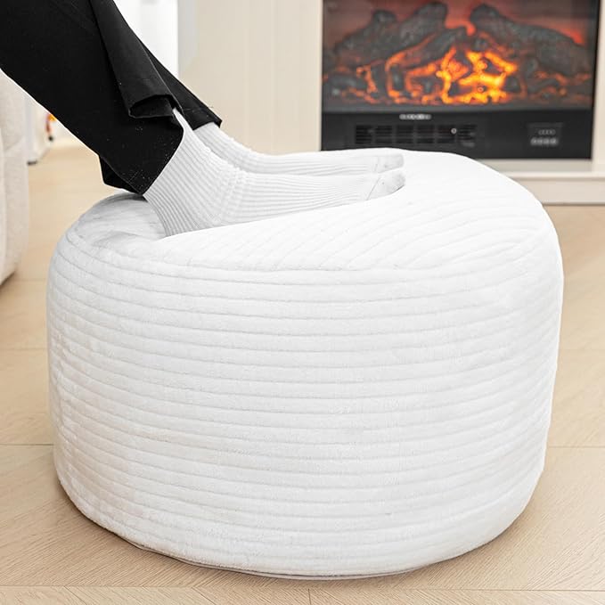 Pouf Ottoman Stuffed 20x20x12 Inches Floor Pouf Plush Fiber Ottoman Foot Rest Under Desk Foot Stool for Living Room Bedroom (White Stripe Pouf with Filler)