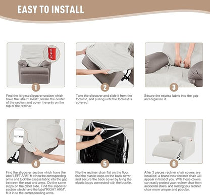 KinCam Recliner Covers, Stretch Reclining Chair Covers, Recliner Sofa Slipcovers Stripe Jacquard Recliner Couch Covers Furniture Protector Covers for Pet Kid (1 Seater, Cream)