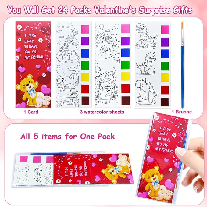 JUNQIU 24 Pack Valentines Day Cards For Kids School, Watercolor Coloring Book Set, Valentines Day Gifts For Kids Classroom Exchange, Paint Party Favors Valentines Crafts