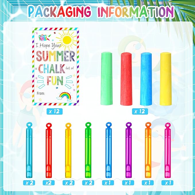 36 Pcs End of Year Student Gifts 12 Sidewalk Chalk 12 Mini Bubble Wands Gift 12 Chalk Full of Fun Blessing Card for Party Supplies Classroom Kids Kindergarten Graduation(Circular Style)