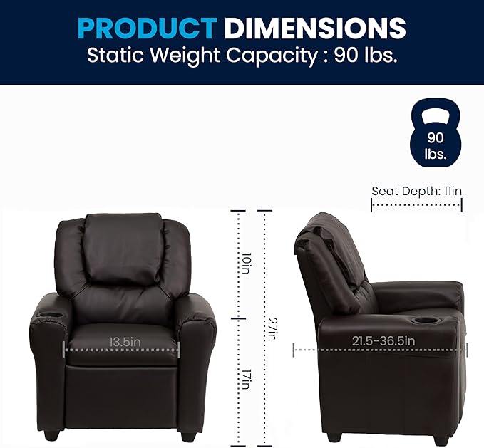 Flash Furniture Vana LeatherSoft Kids Recliner with Cup Holder, Headrest, and Safety Recline, Contemporary Reclining Chair for Kids, Supports up to 90 lbs., Brown